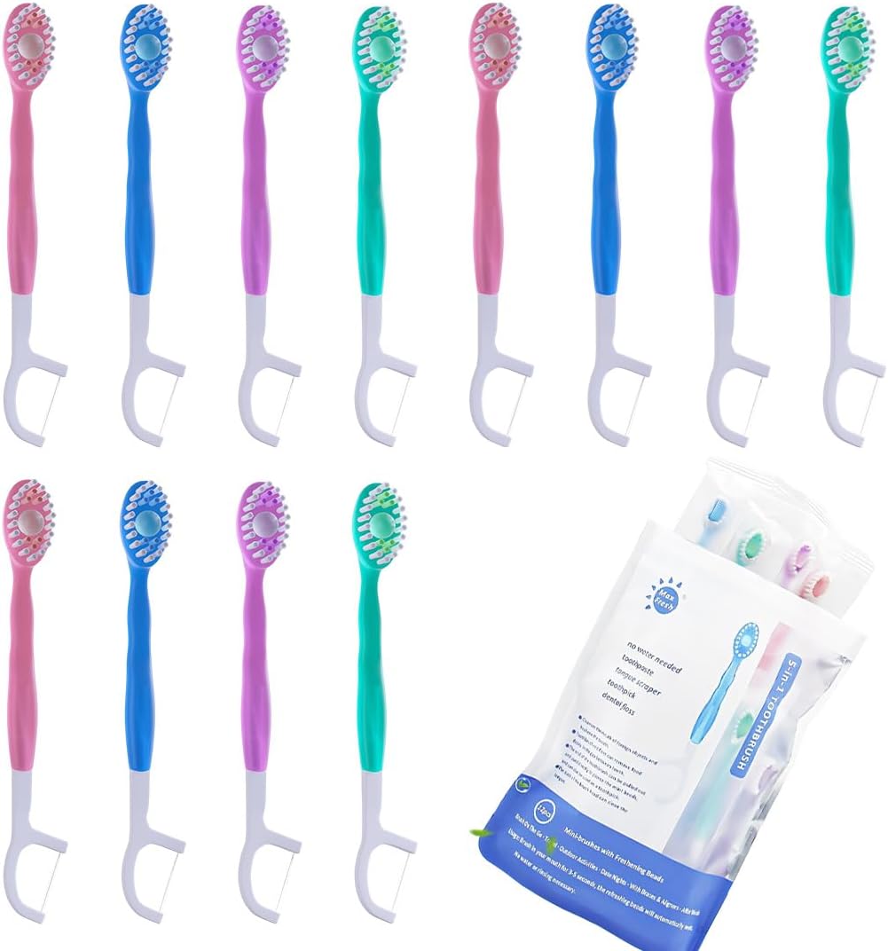12 Pezzi Spazzolini da Viaggio 5 in 1 Monouso, con Dentifricio Integrato, Filo Interdentale e Raschietto Lingua (Sapori Assortiti)