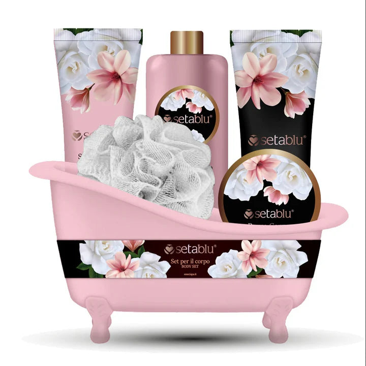 Set Regalo Donna Vasca con lozione corpo, burro corpo, gel doccia, scrub + vasca da bagno portaoggetti