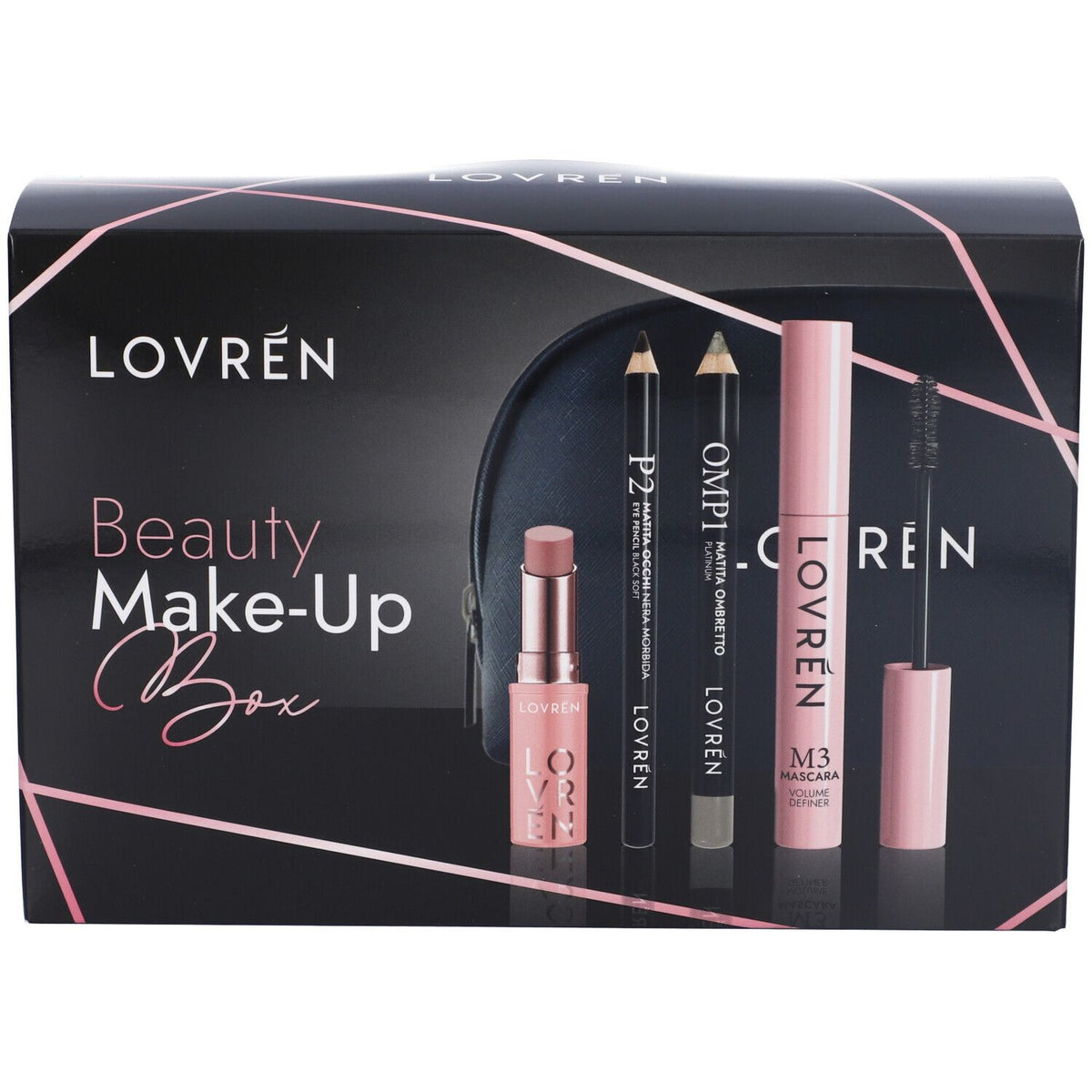 Lovrén Beauty Cofanetto Regalo Make-Up Box Mascara M3 + Matita Occhi + Matita Ombretto + Lipstick Balm Color Boost Nude